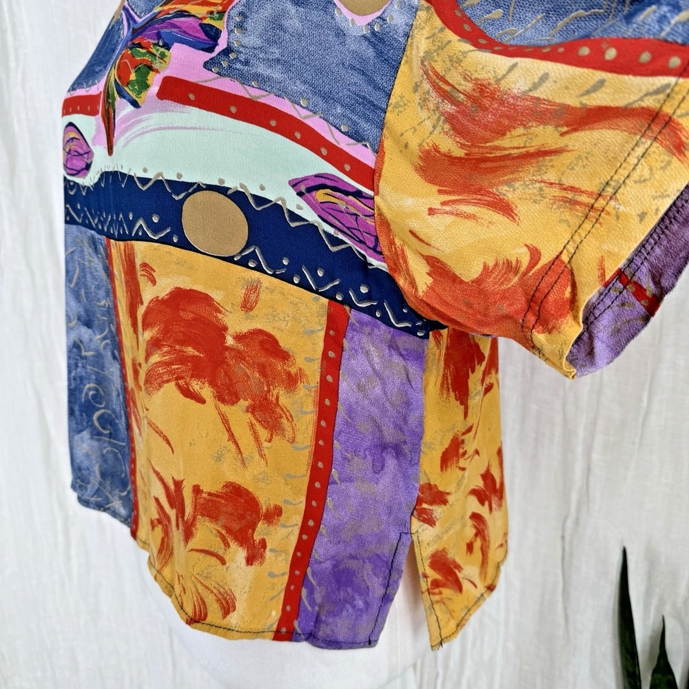90s Colorful Artsy Indie Crop Top S Abstract Maximalist Funky Retro Vtg Rayon - Picture 3 of 5